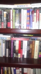 My bookshelf at home. Essentially, you could write an intellectual bio of me from this and be pretty spot on. 