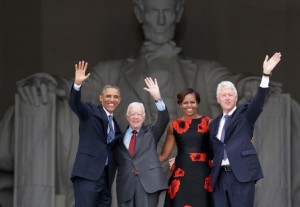 The Obamas, along with Presidents Clinton and Carter, during the 2013 March on Washington ceremonies. 