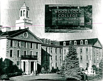 A picture of a Woodstock Theological Seminary building, undated. A large square text in the upper right says "Woodstock College, Jesuit Theologate, Est. 1869"